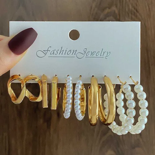 Vintage Geometry Pearl Circle Hoop Earrings (5 pairs)